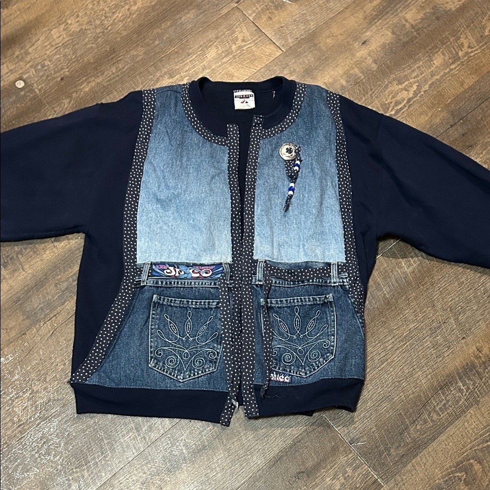 Vintage Sweatshirt Womens Large Blue Jacket Up cycle Jnco Denim DIY Made In USA