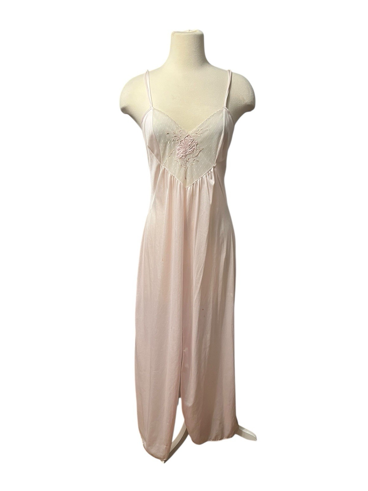 Vintage 70s Lace Embroidered Floral Detail Maxi Pink Satin Slit Slip Dress