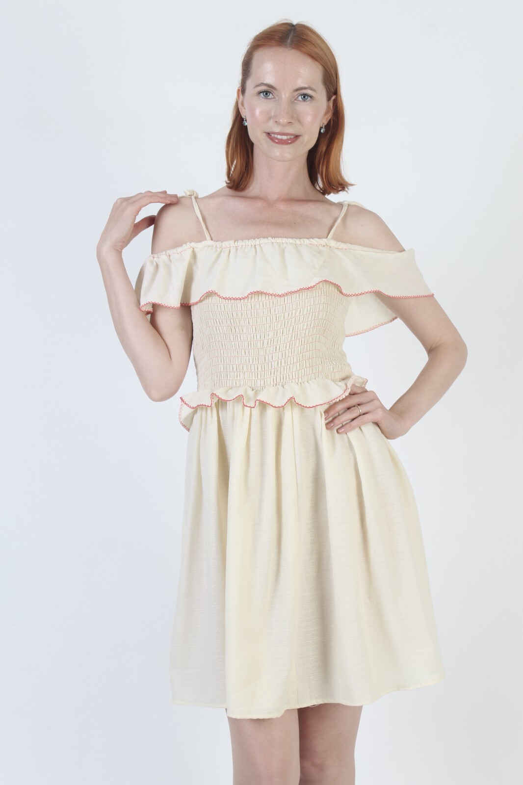 Vtg 70s Shoulder Tie Smocked Mini Dress Ruffle Capelet Unicolor Boho Sundress