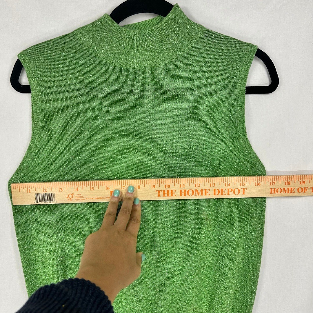 Vintage Patchington Metallic Apple Green Knit Sweater Vest Top Mock Neck (M)