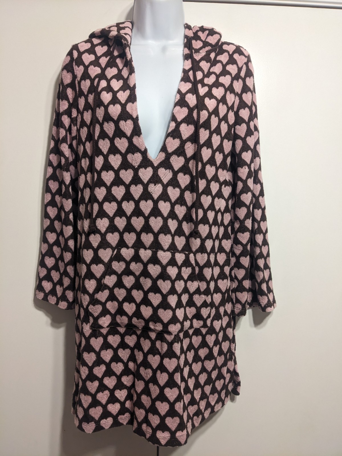 Y2K Vintage Juicy Couture pink brown terry hearts hooded cover up dress M USA