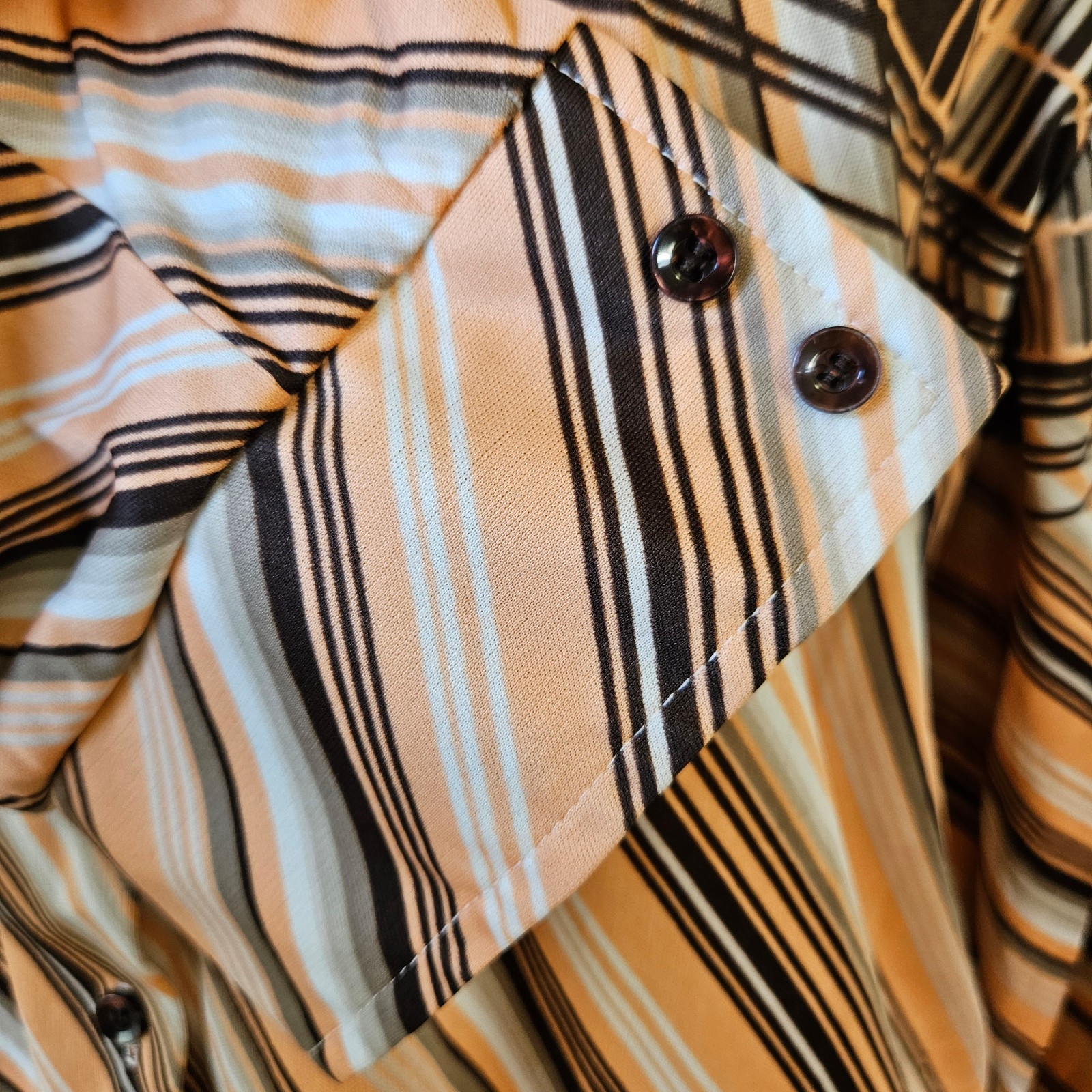 Vintage 70s Brown Peach Gray Stripe Plaid Polyester Disco Dagger Collar Shirt L