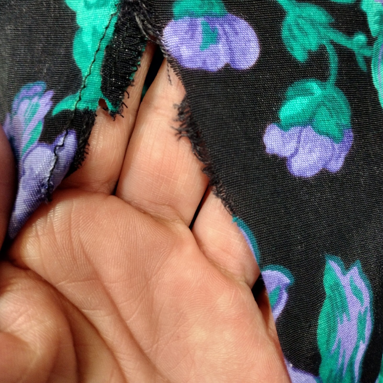 Vintage Ansley Midi Dress Black w/ Purple Flowers Pockets 80s 90s Made USA READ