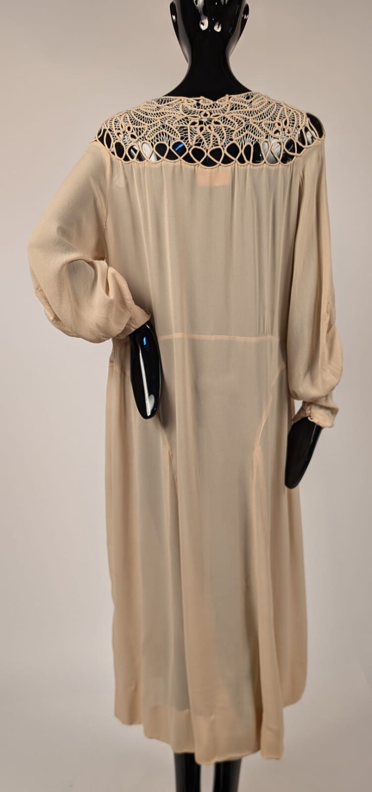 PEGGY DARE – PARAMOUNT DRESS CO LATE 1920’S CHIFFON DRESS W HAND MADE LACE TOP