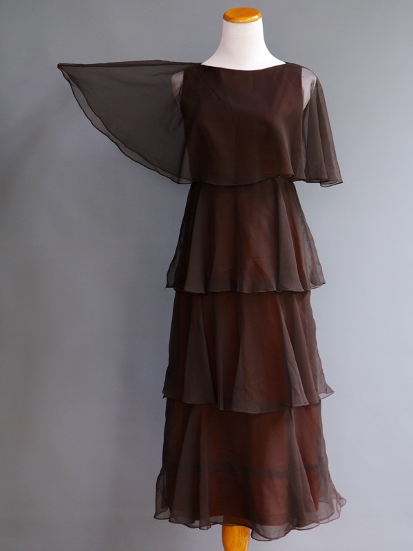 VTG 70s Marita Anthony Muto Diaphanous Tiered Brown Sheer Chiffon Disco Dress S