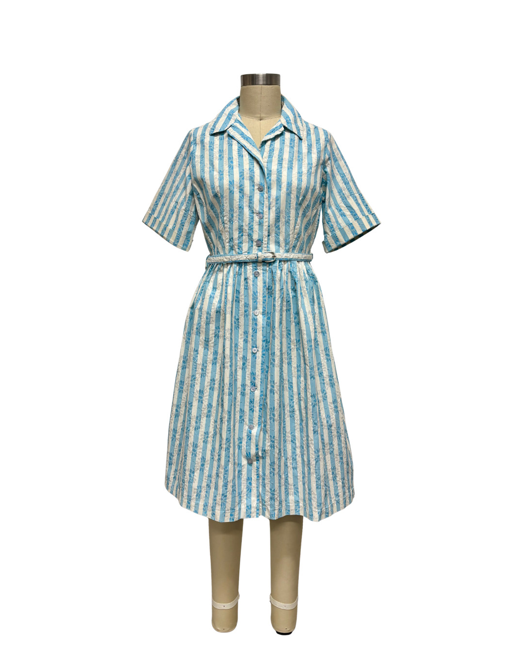 1950s AQUA STRIPED FLOWER EMBOSSED DRESS | 1950s TURQUOISE STRIPED TAFFETA DRESS