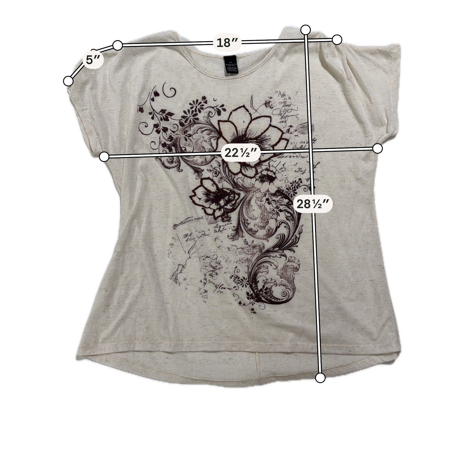Plus Size 1X Cream Floral Scroll Graphic Linen Blend Dolman Tunic Top
