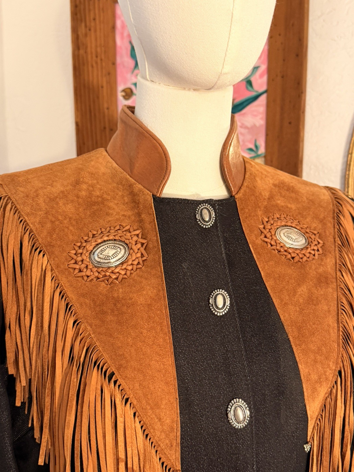 Vintage Diamond Denim & Leather Made In USA Western Fringe Jacket Size 8