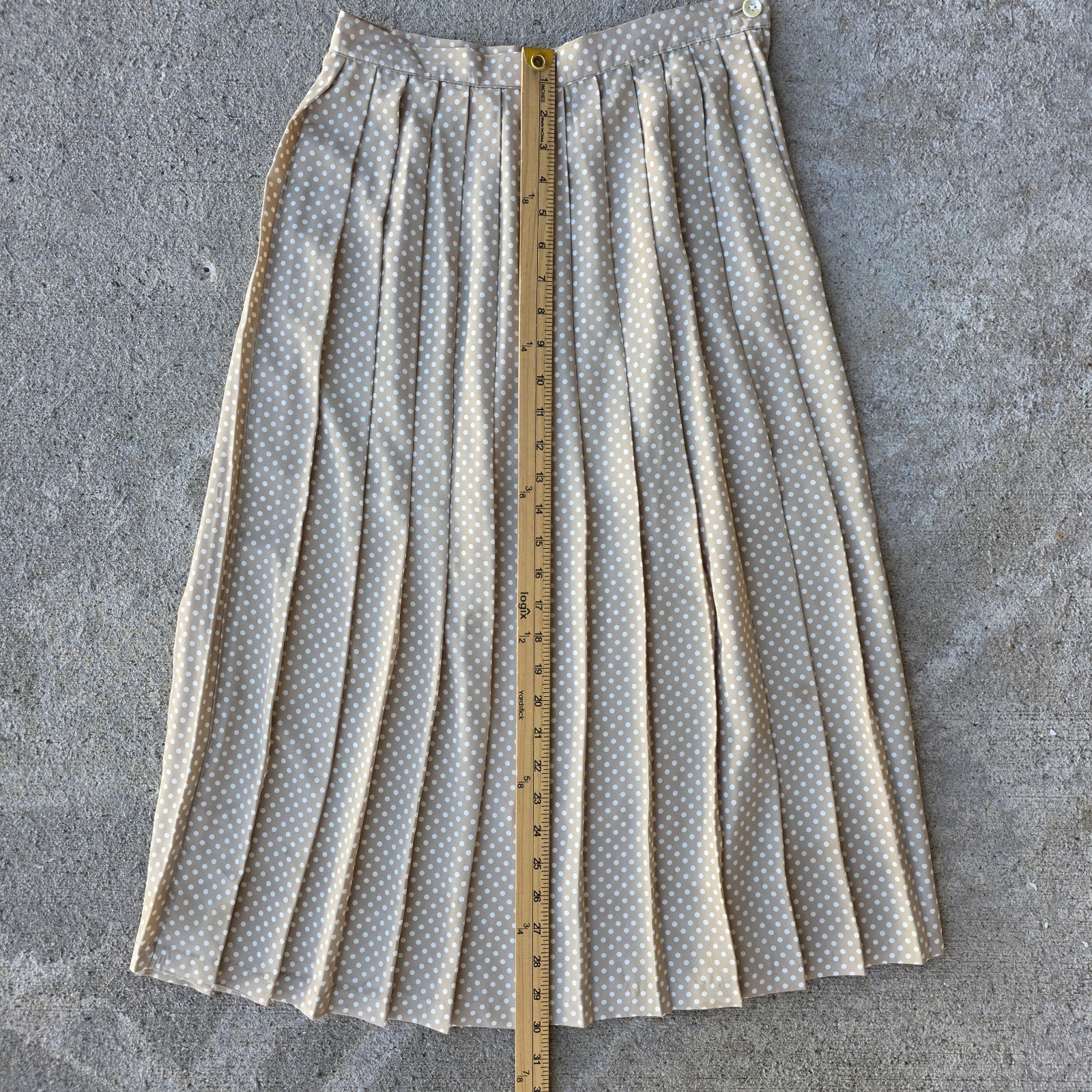 Vintage 80s Polka Dot Pleated Midi Skirt Tan Cream Russ Made USA ILGWU Size 10