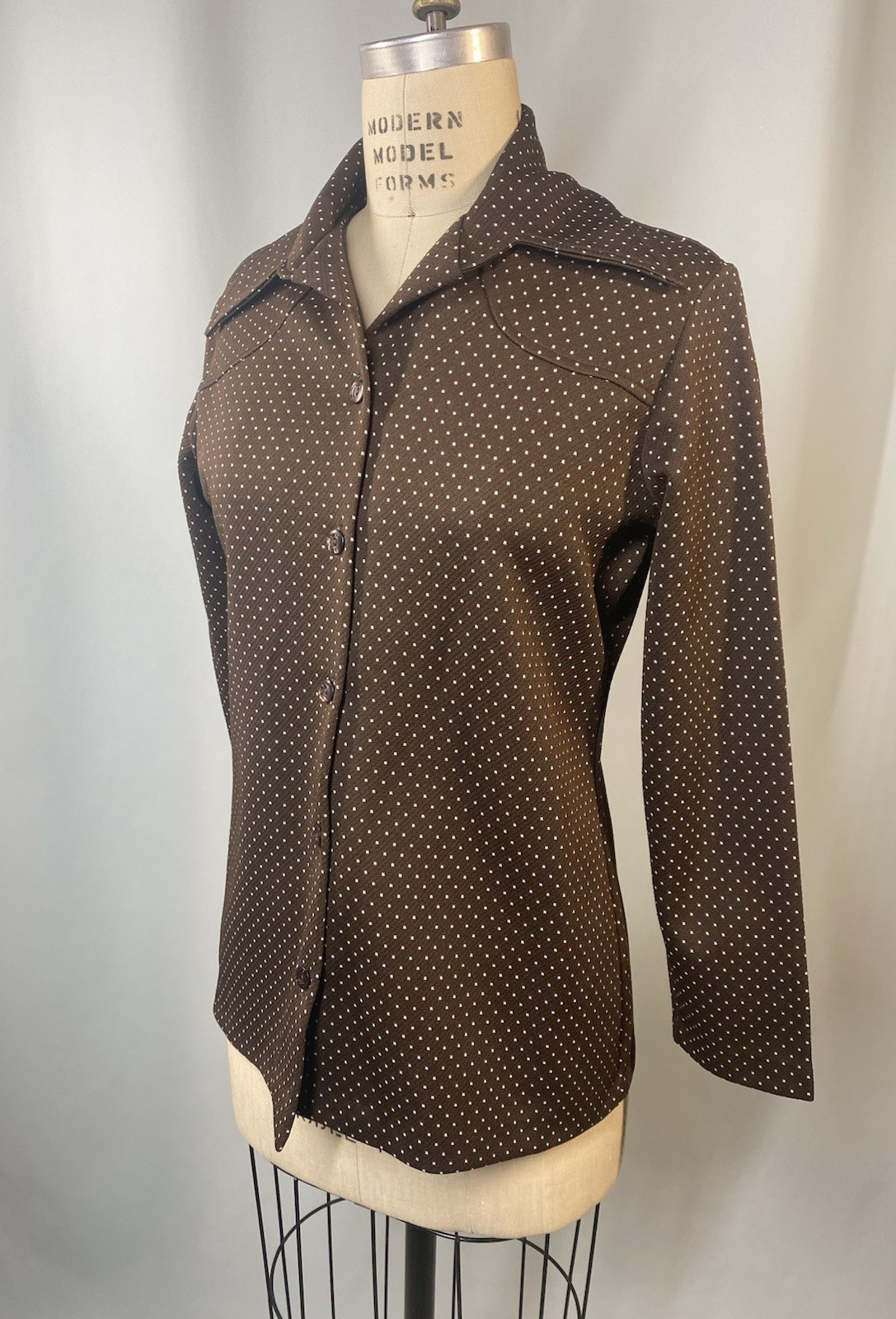 Women’s Vintage Top SIZE LARGE 14 brown polka dot yoke 60s 70s point collar