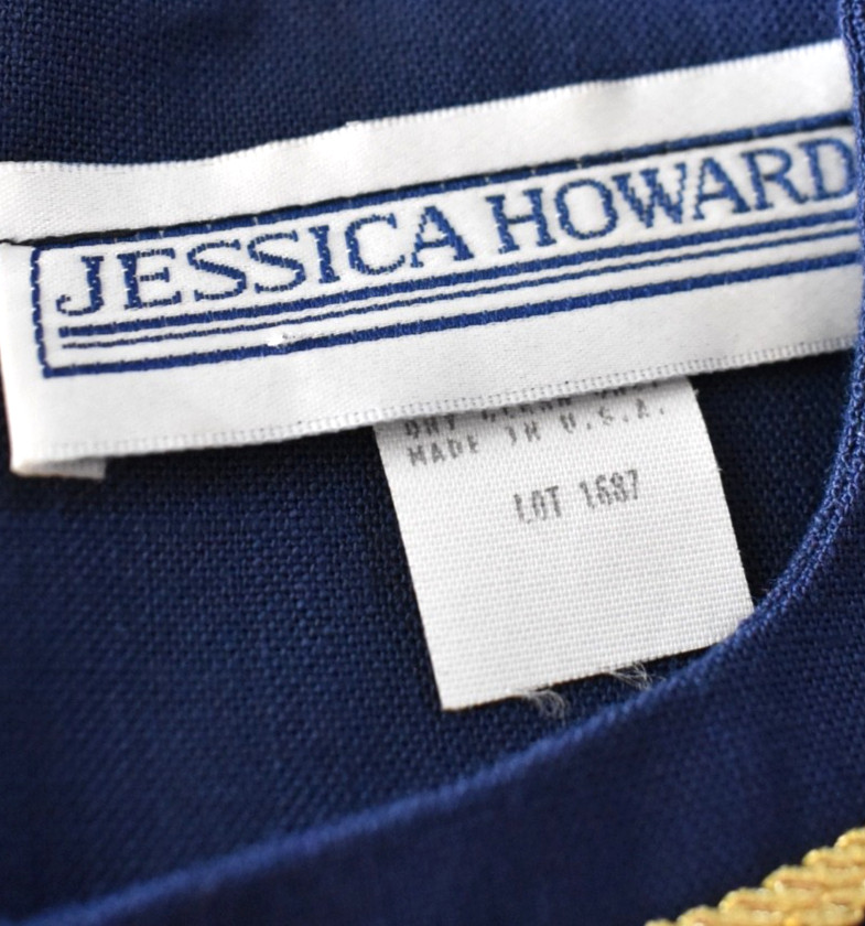 80s Jessica Howard LSheath Dress Navy Blue Gold Stars Americana 14 VTG