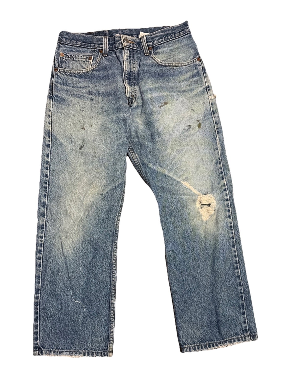 Vintage Levis 505 0216 Womens 31×26 Jeans Straight Distressed Paint Indigo Fades