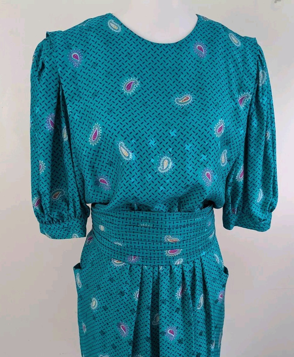 90s Maggy London 100% Silk Day Dress Jewel Tone Teal Classic Old Money Secretary
