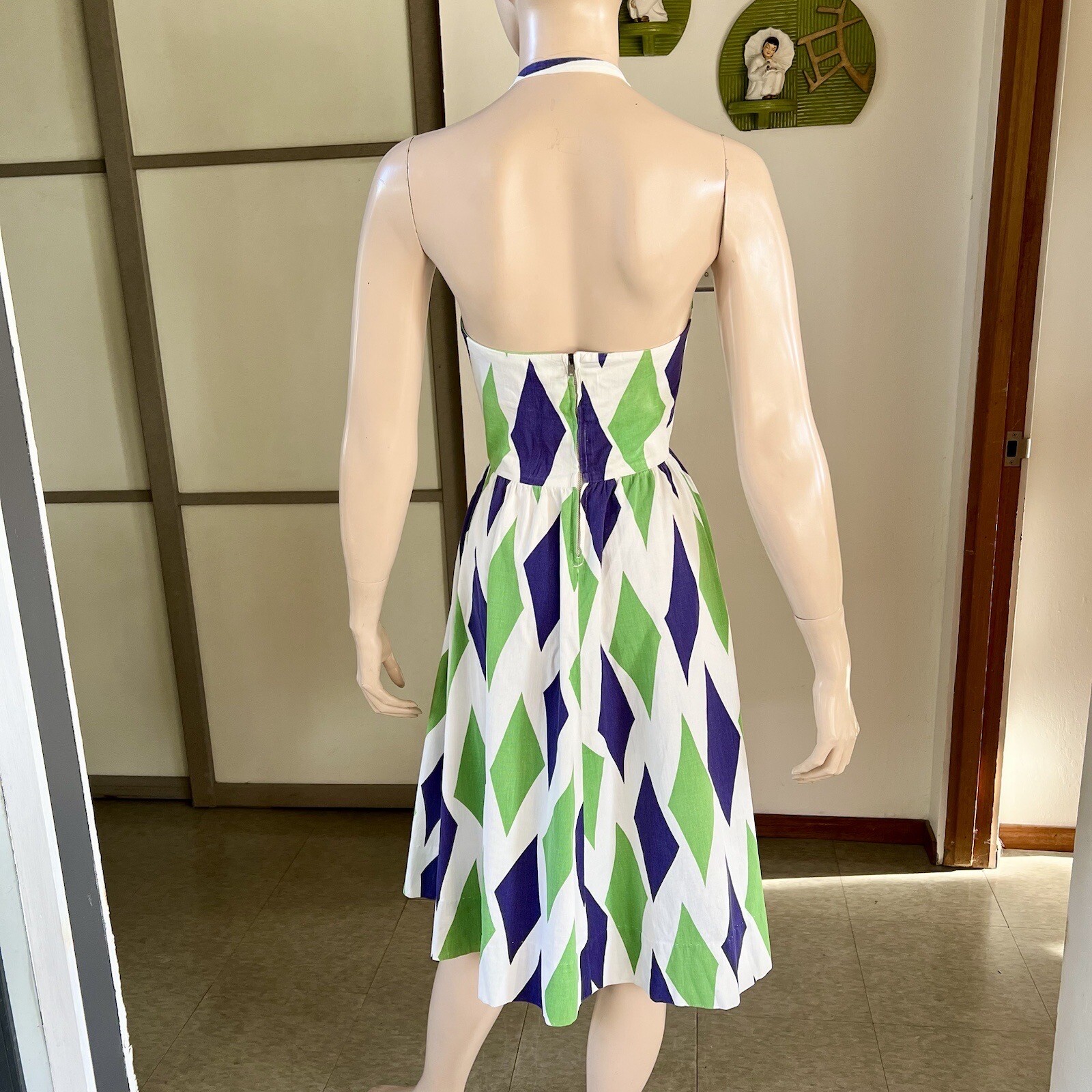 1950s or 60s vintage harlequin print cotton halter sun dress 27w
