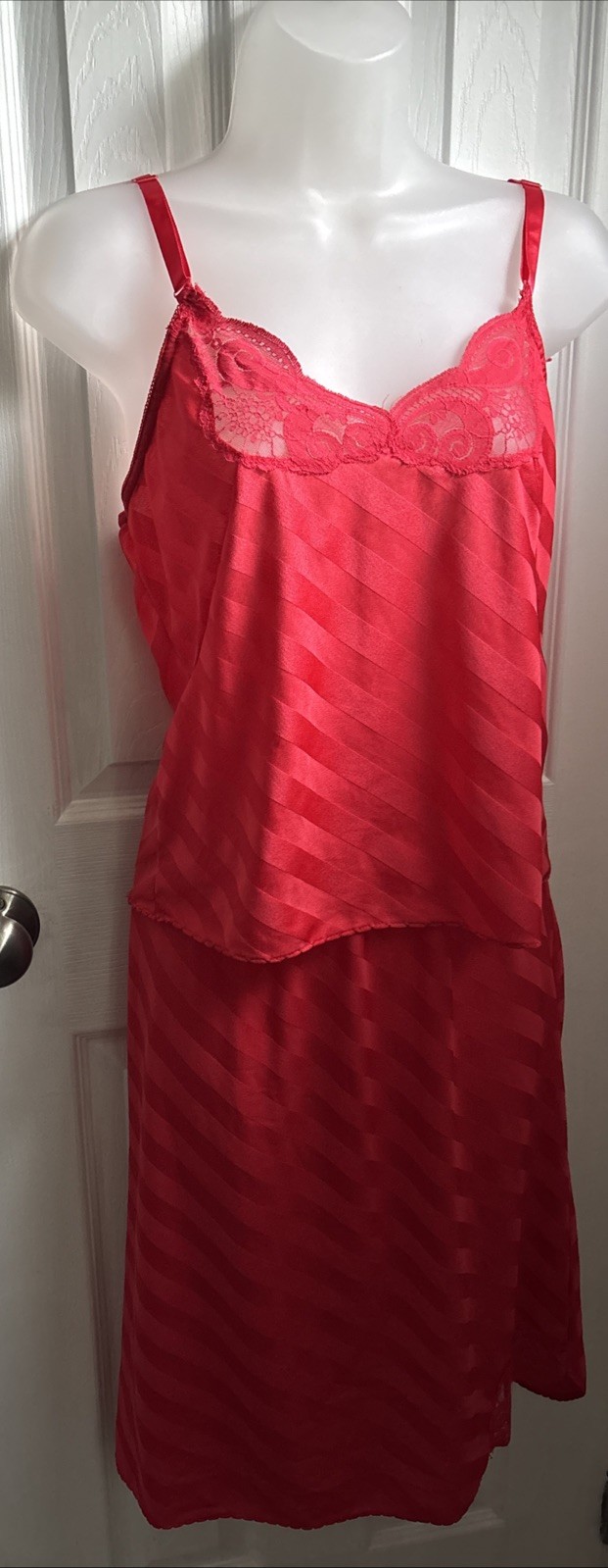 VTG Movie Star Camisole & Half Slip Lingerie Set Red Stripes Lace Trim SZ M