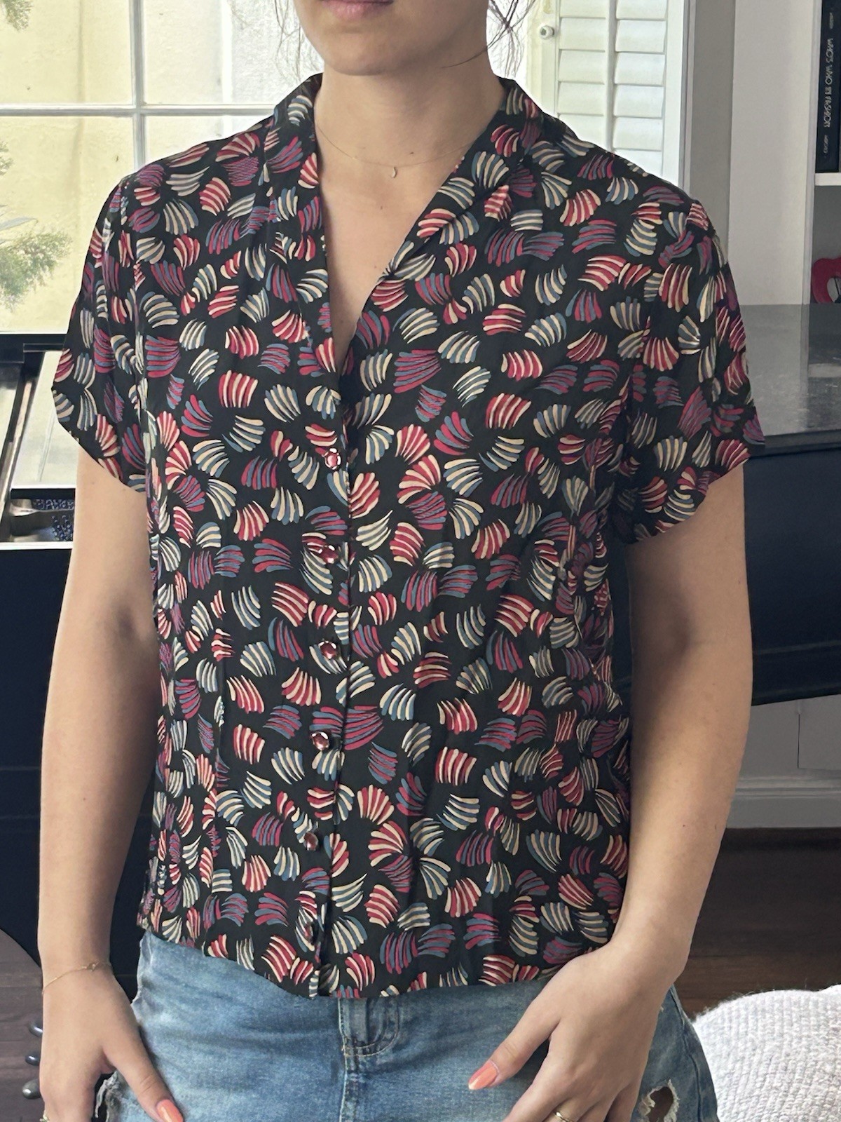 Vintage Handmade S 100% Silk Blouse Top Short Sleeve Abstract