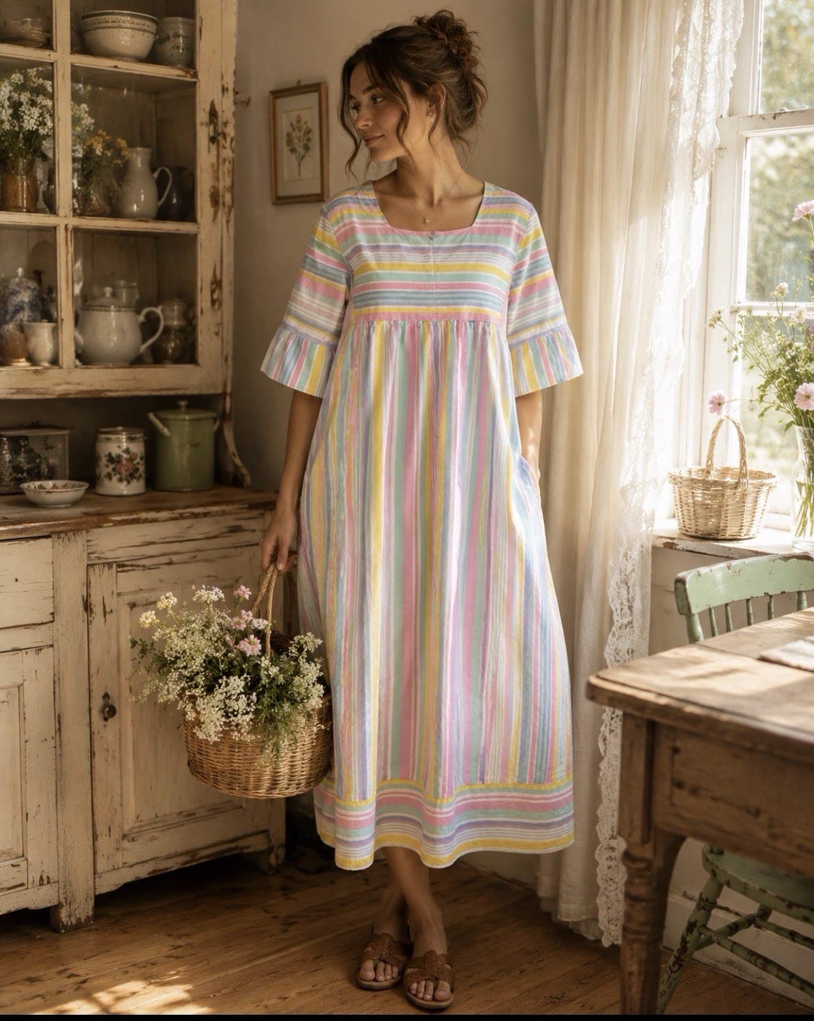Vtg Lounge Bell Slv Caftan Pastel Striped Maxi Dress Babydoll Airy Modest Sz M