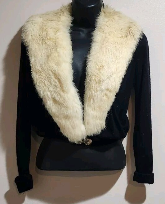 Vintage Black Orlon Sweater Mink Collar Kin Kaid Knits Turbo Interlock