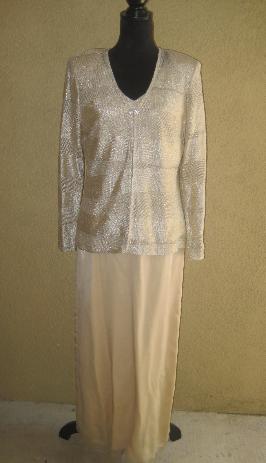 Vintage Michaelangelo gold thread metallic 2 pc cardigan sleeveless long gown 12