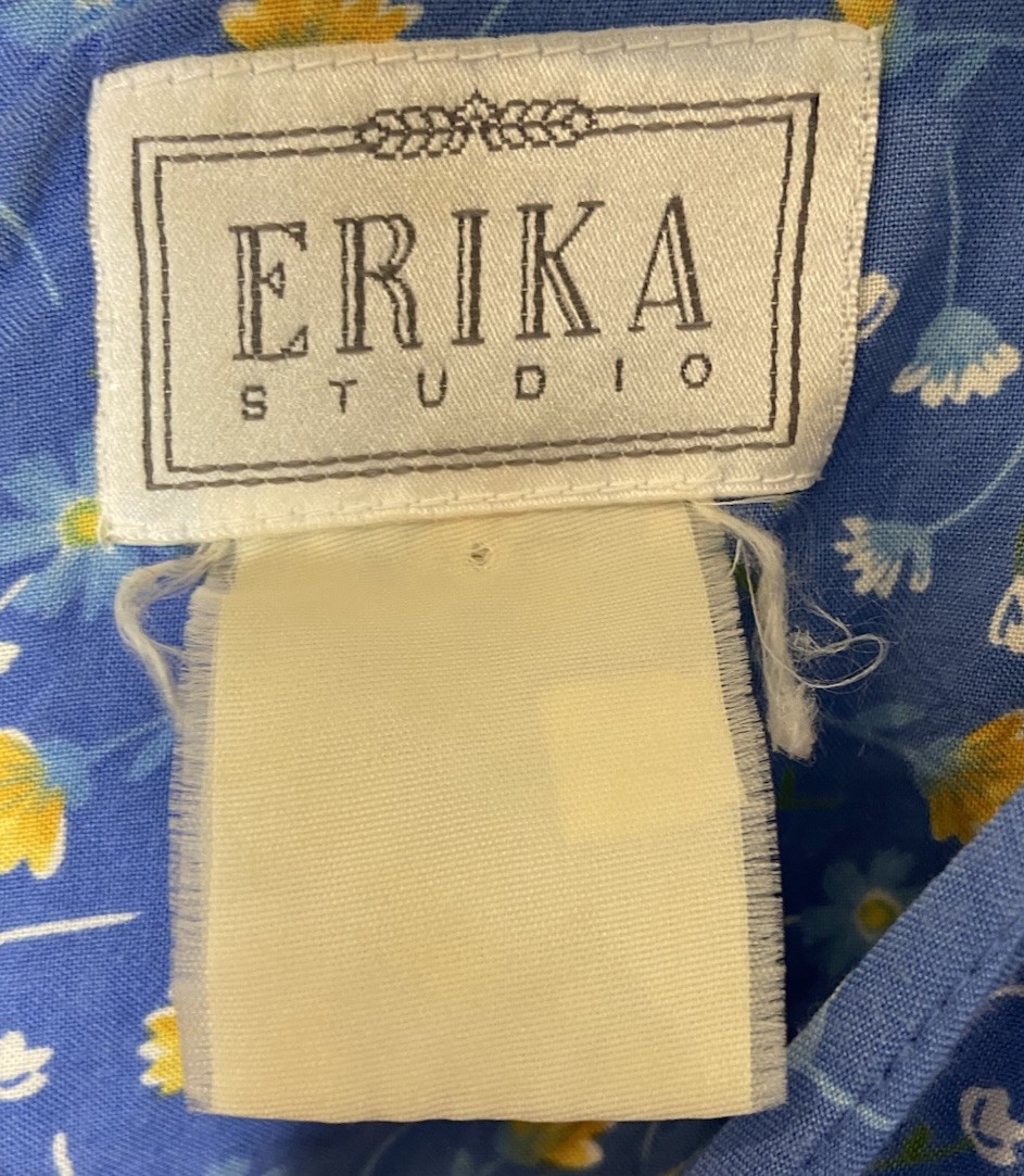 Vintage Erika Studio Dress 90’s Shoulder Pads Tie Waist Blue Yellow Floral S/M