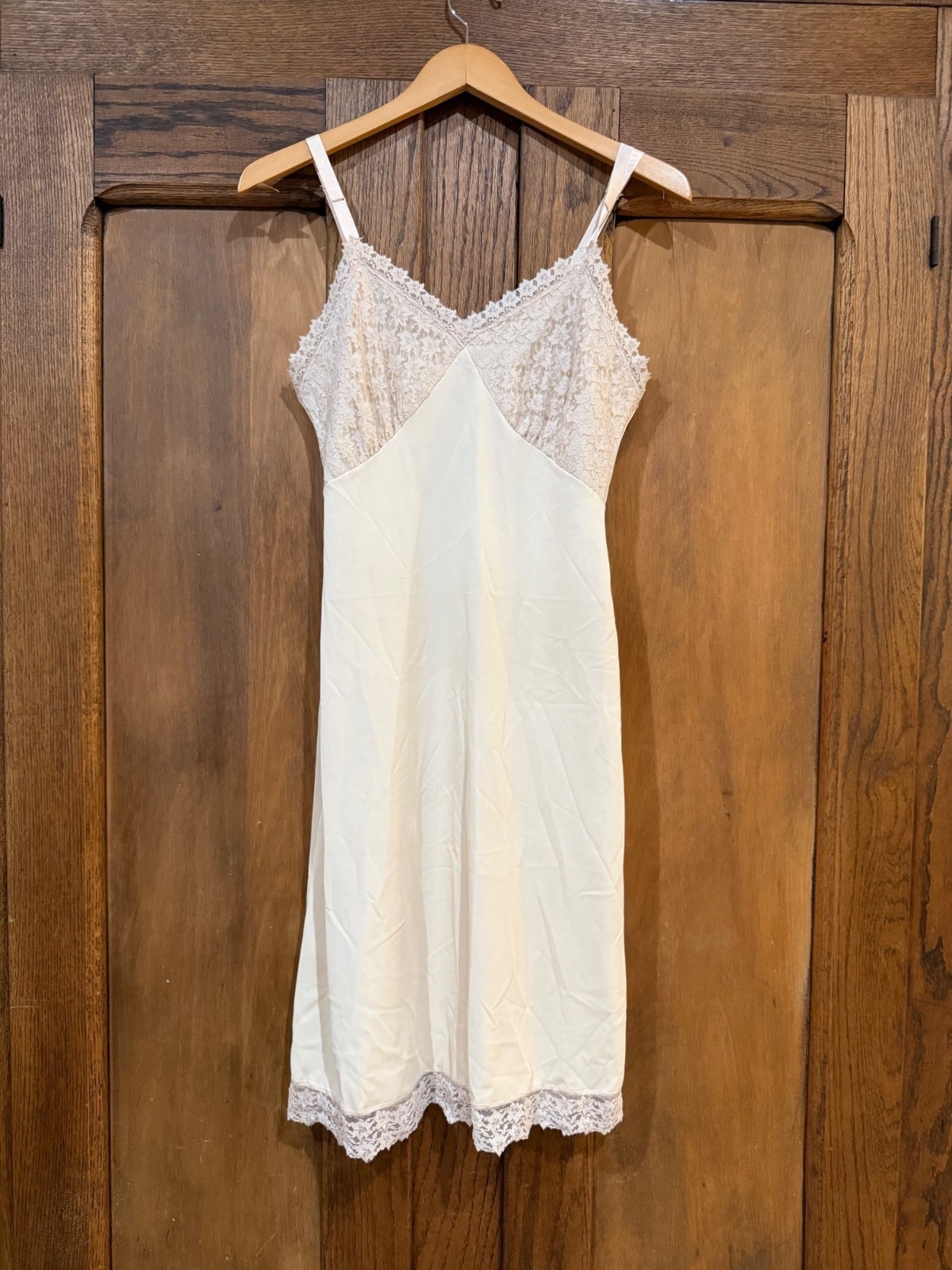 vintage size 34 Nancy King beige nude slip dress midi lace cups, twisted strap