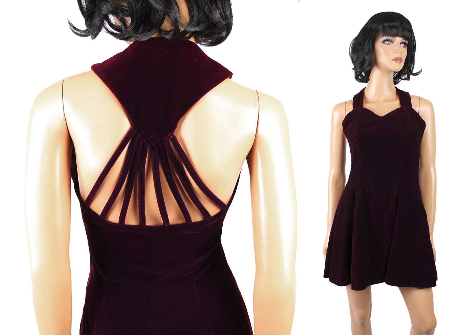 80s 90s Mini Dress Sz S Vintage Burgundy Red Velvet Prom Cocktail Gown Open Back