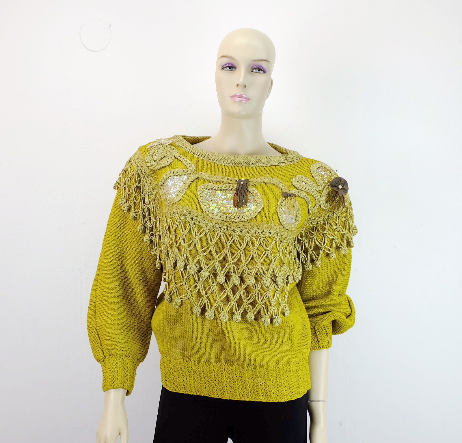 unusual 80s jumper cotton sequin appliqués size 36
