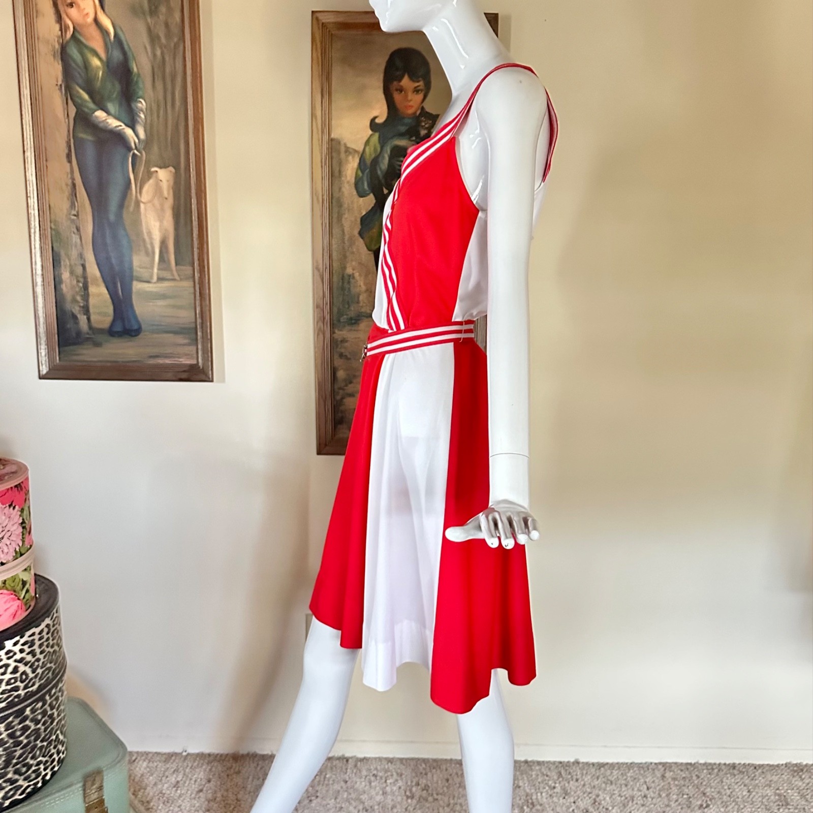 Vintage 1970s Red Color Block Disco Cheerleader Grease Preppy Tennis Dress M/L
