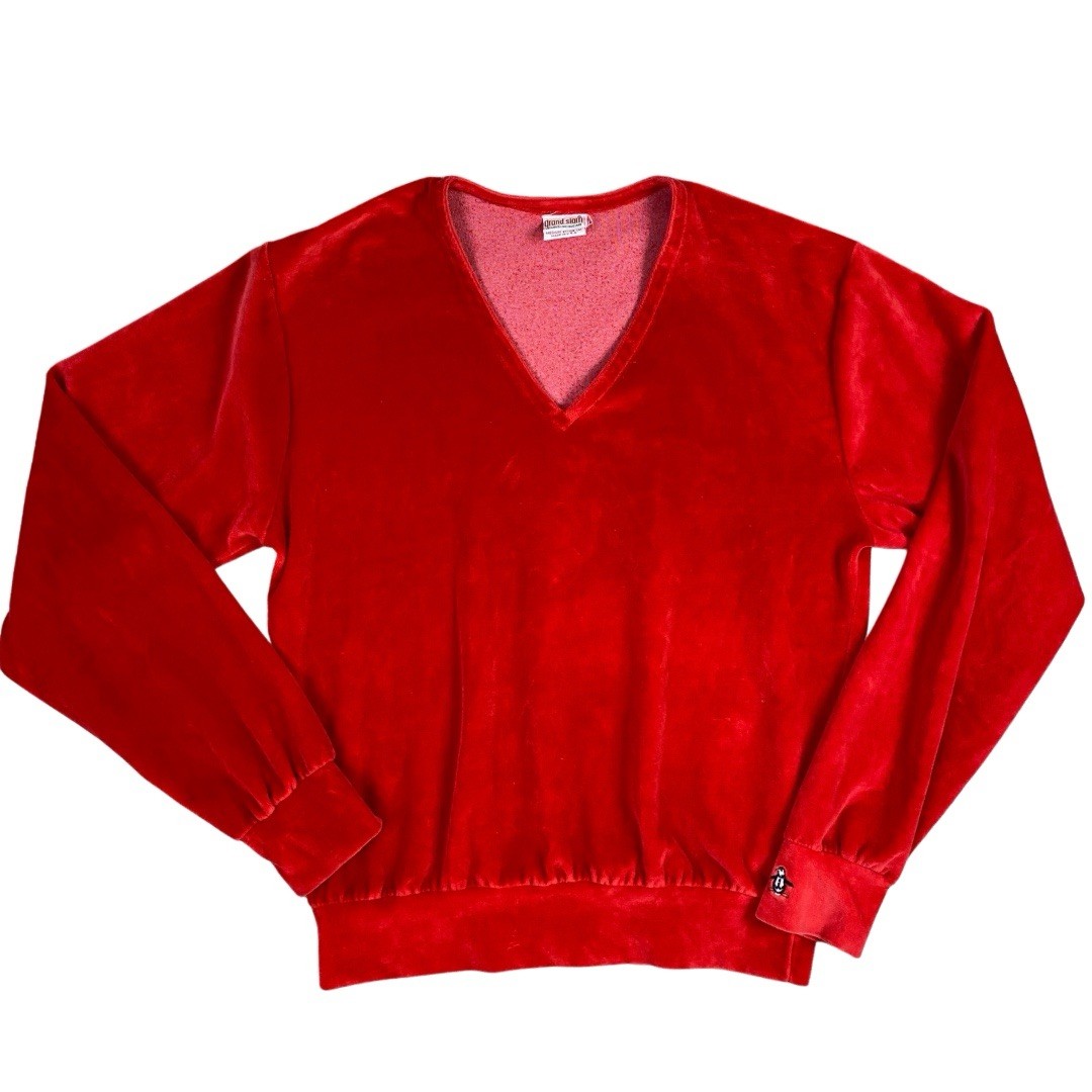 Vintage 1980s Grand Slam Munsingwear Penguin Red V-Neck Velour Top Size M Golf