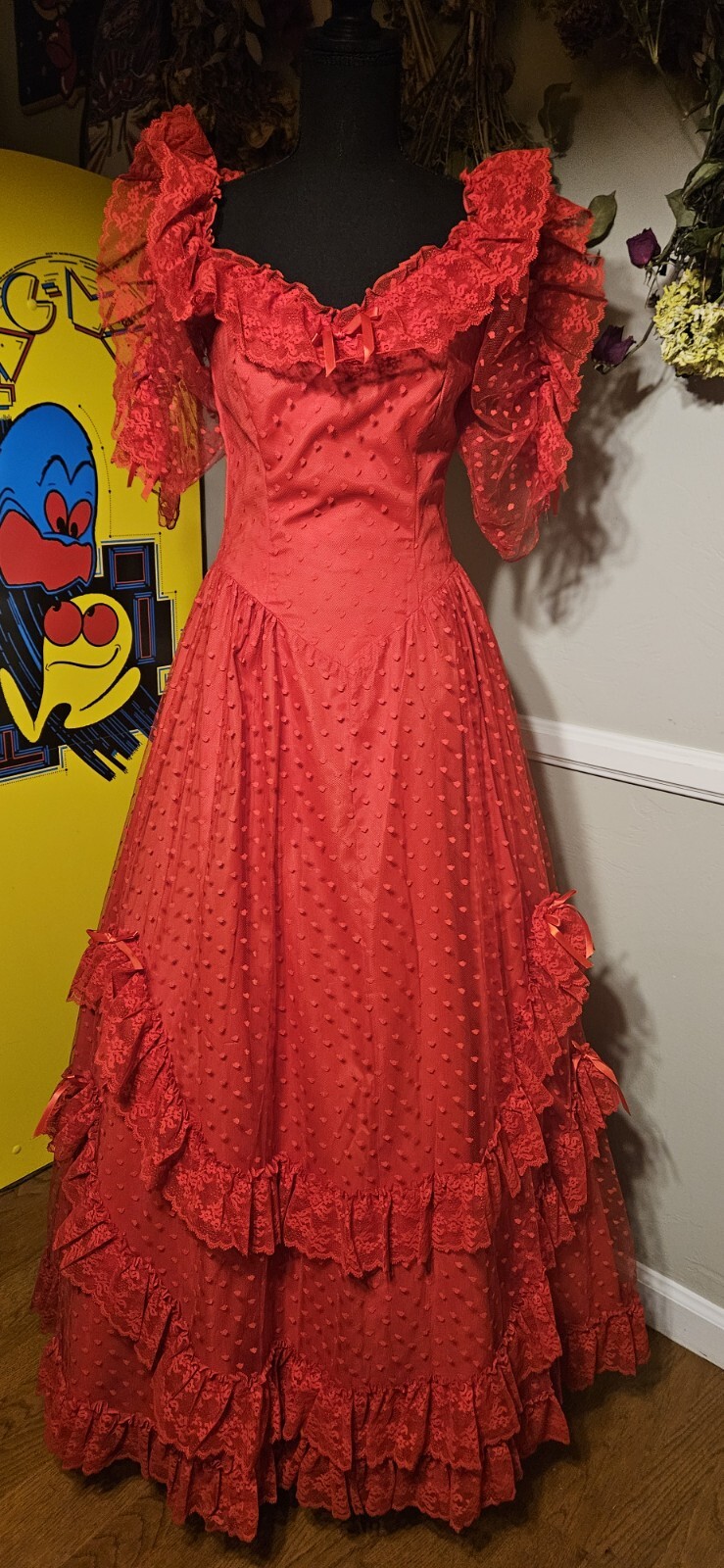 Vintage 1970s Red Lace Maxi Prom Formal Dress