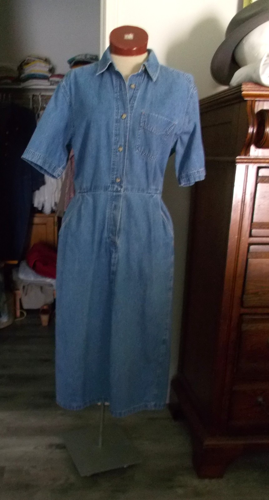 Vintage Lands End Jeans Denim Midi Dress Lighter Blue Wash USA Regular 12