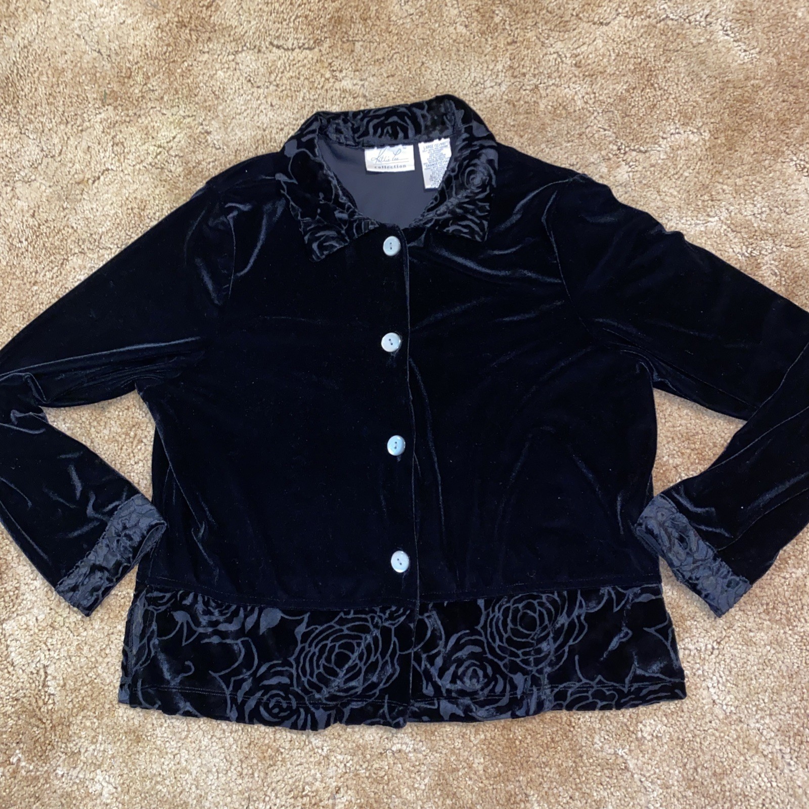VTG Kathie Lee Emo Southern Victorian Gothic Black Velvet Accent ButtonUp Shirt