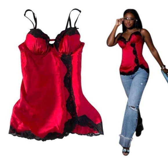 y2k vintage RED BLACK LACE TRIM BABY DOLL CAMI TOP XSMALL SMALL EUC.