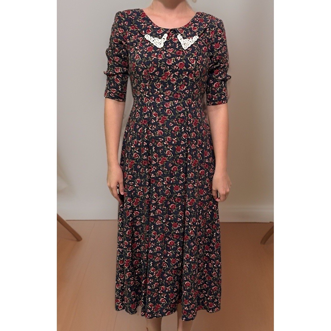 Sarah Richards Vintage 90s Midi Dress Floral Size 5 Crochet Butterfly Collar