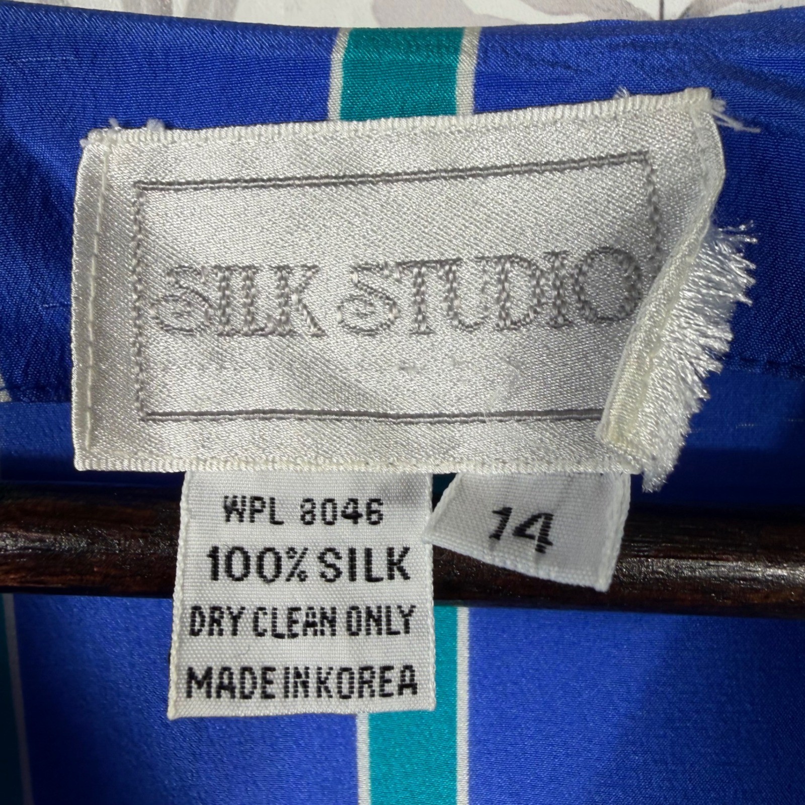 Vintage Silk Studio 100% Silk Striped Dress Blue Green Midi Size 14 Korea