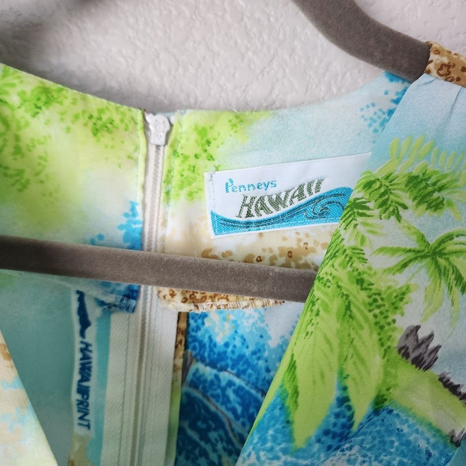 PENNEY’S HAWAII 70’s Maxi Dress Tropical Flutter Sleeve Blue Green Bright
