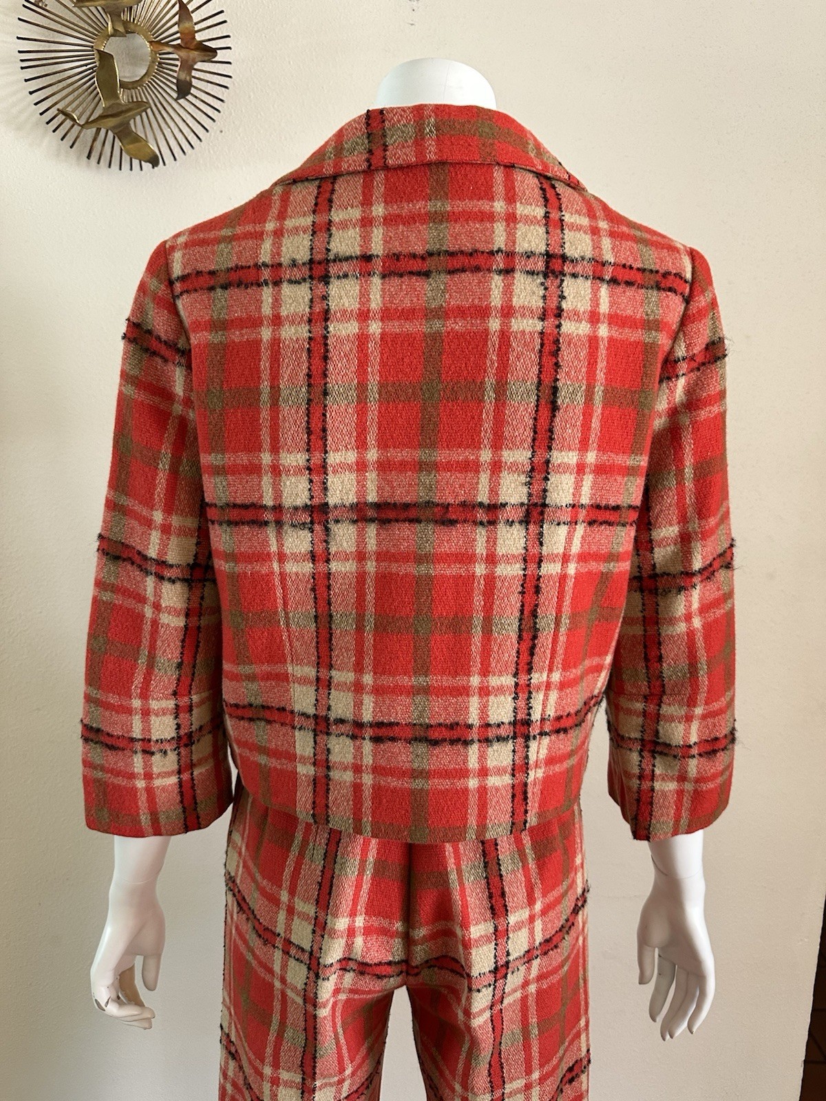 1960s Red Plaid Wool 3-Pc Set Jacket Skirt Pants Handmade Mod Suit Size Zip VTG