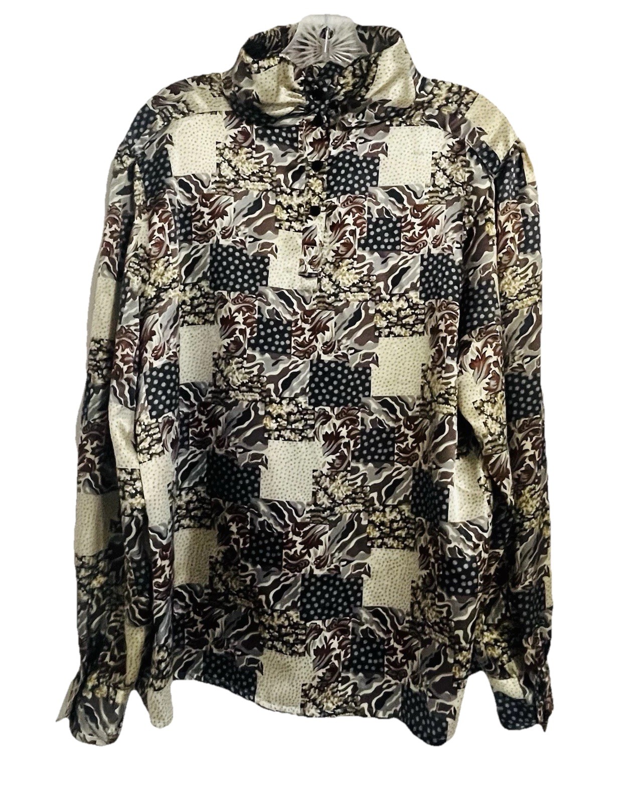 Silk 100 % XL VINTAGE SHAPELY PAISLEY TIE NECK BUTTON FRONT SHIRT (16)