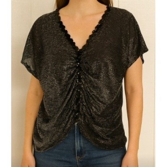Vintage Disco Glam Sequin Ruched V-Neck Metallic Blouse Black Silver Sz Small