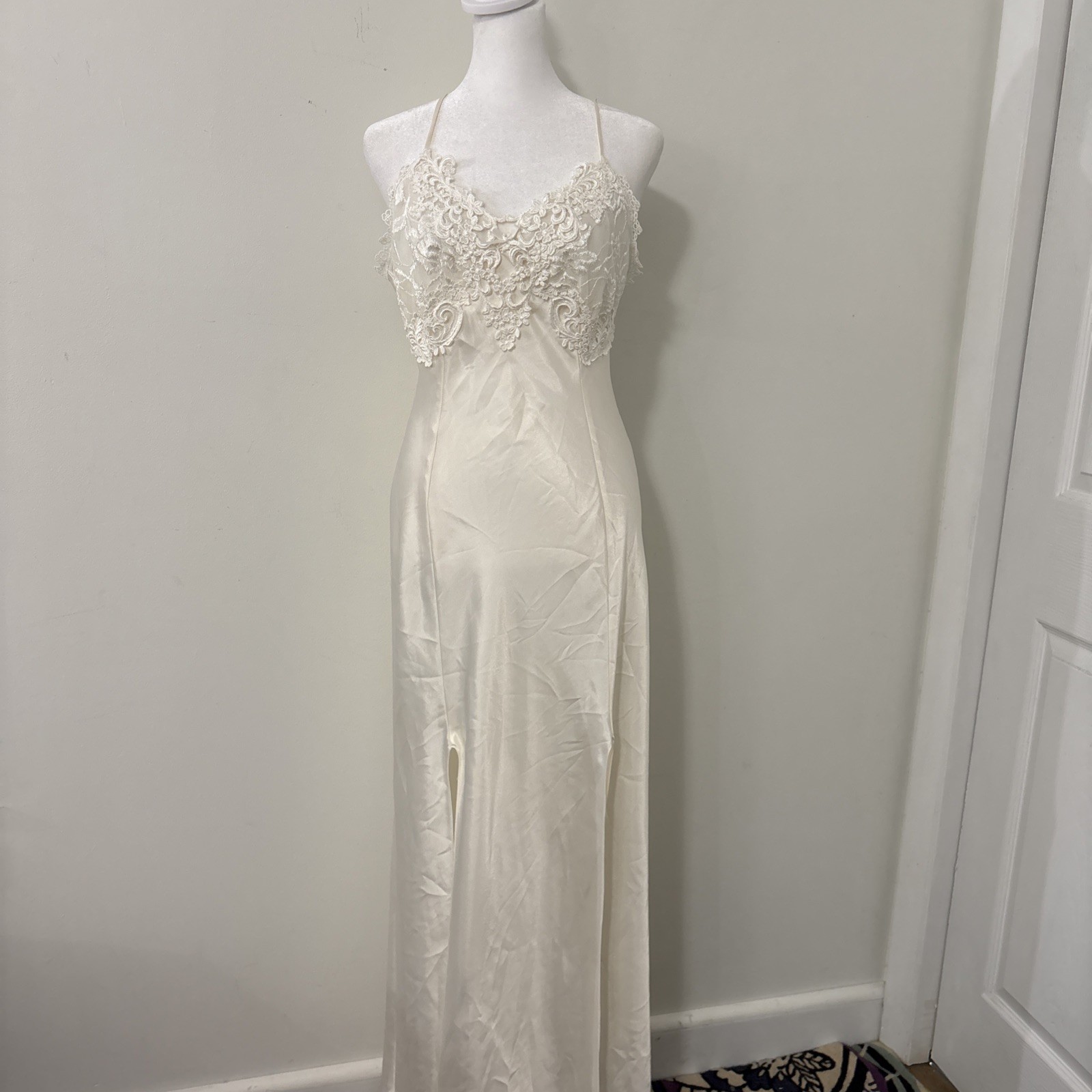 Vtg Intime Of California Satin Floral Lace Slip Dress Gown Double Slits Medium