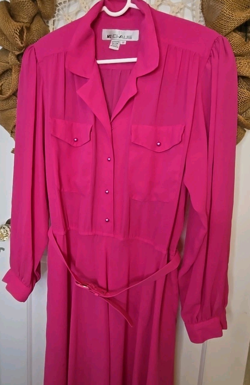 Vintage 1980s Ms Chaus Pink Belted Secretary Dress Size 12 Silky Button Down