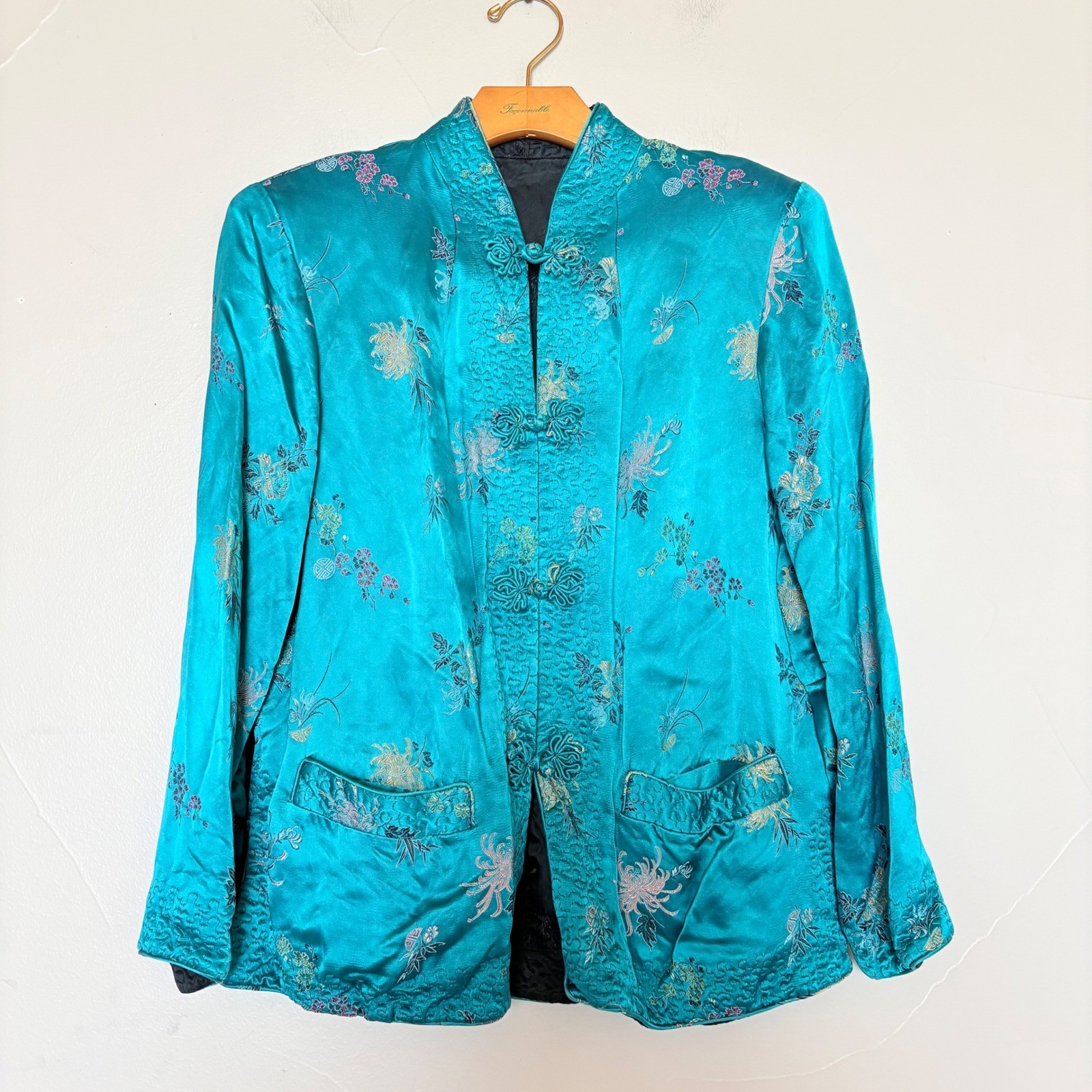 Vintage Reversible Satin Chinese Jacket Teal Black Embroidered Frog Buttons