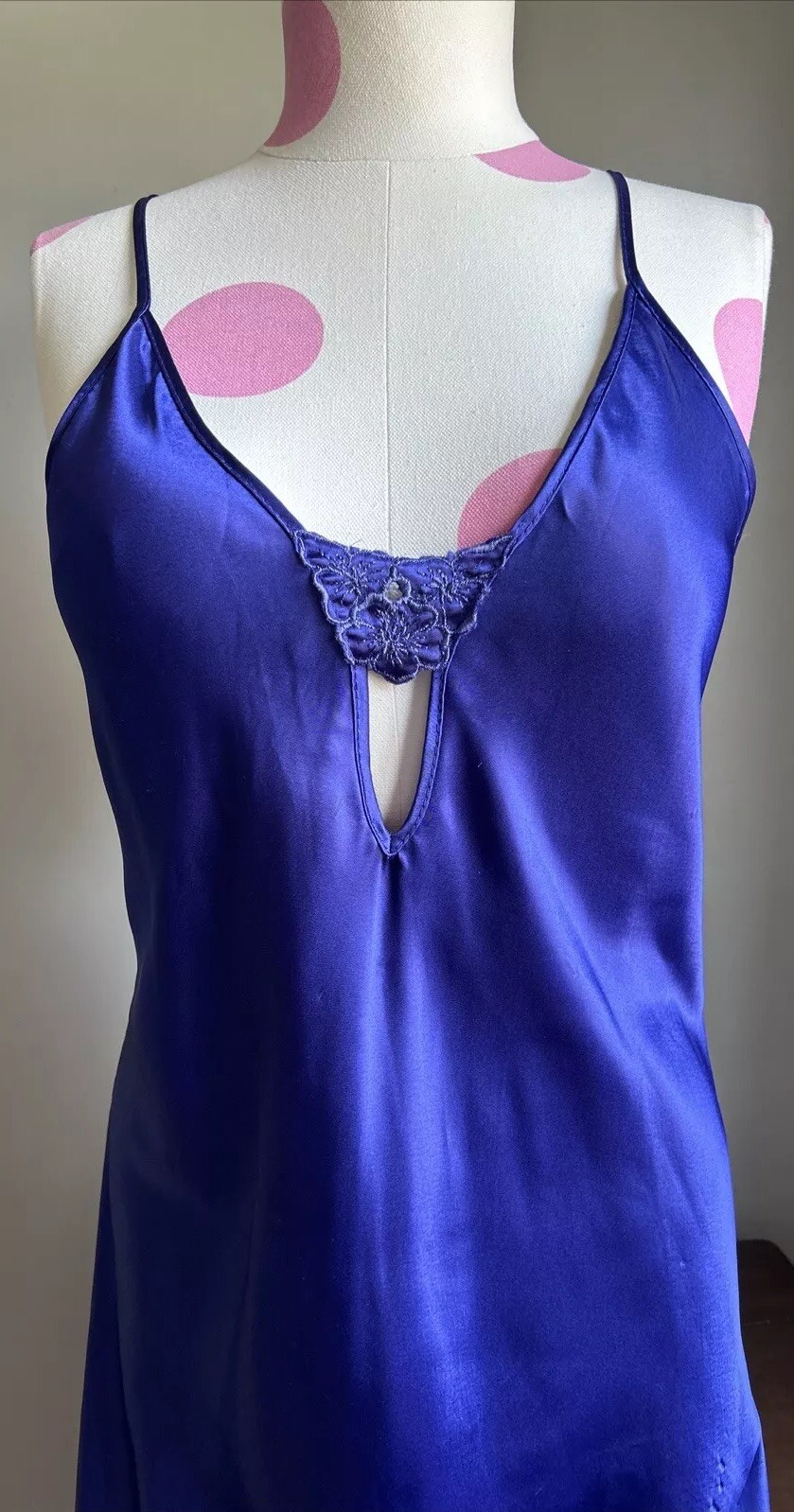 Vtg Lady Cameo Dallas Slippery Satin Glossy Blue Slip dress Nightie L Slit Bow