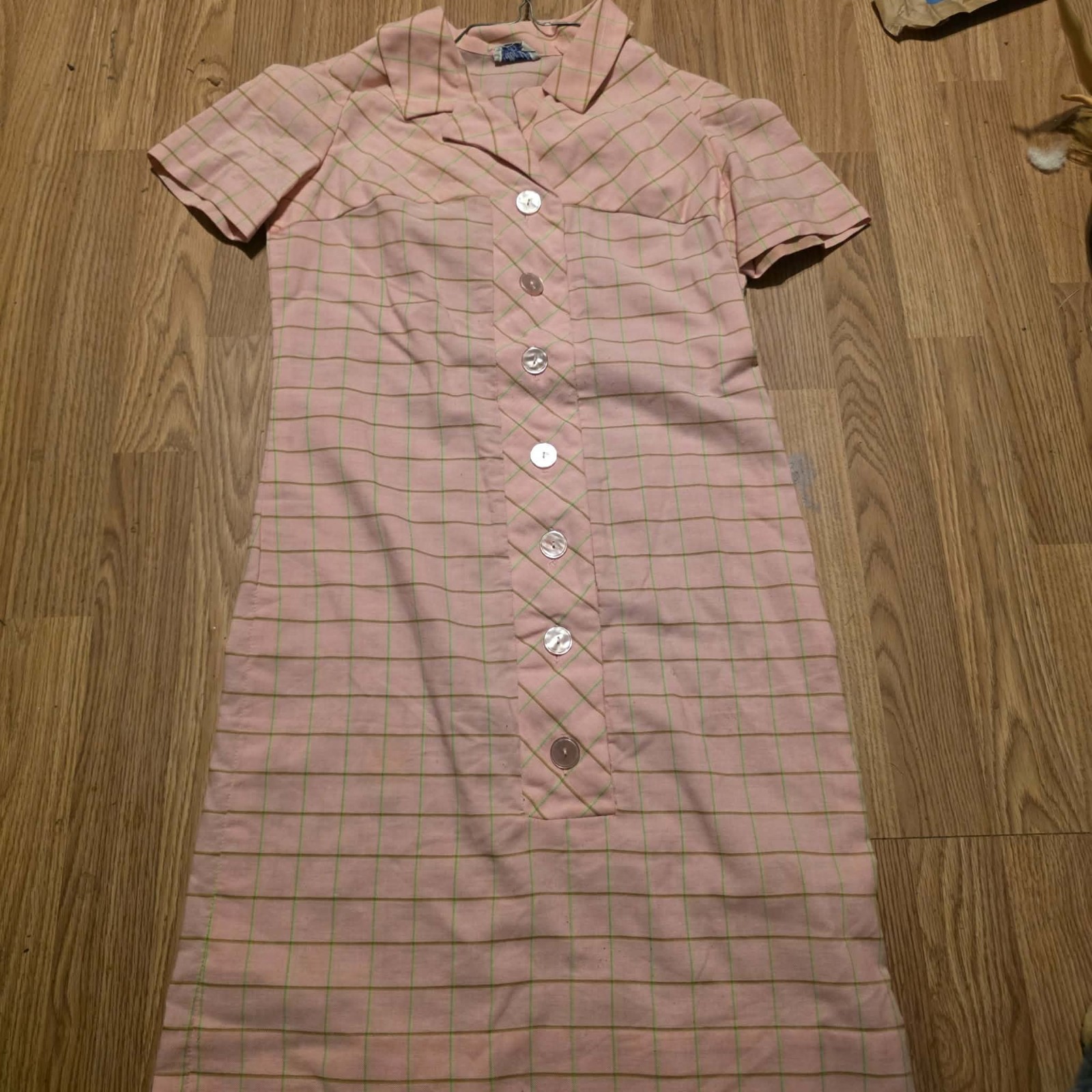 Vintage Nelly Don Pink Plaid Shirt Dress Button Front Cottagecore 1970s Med