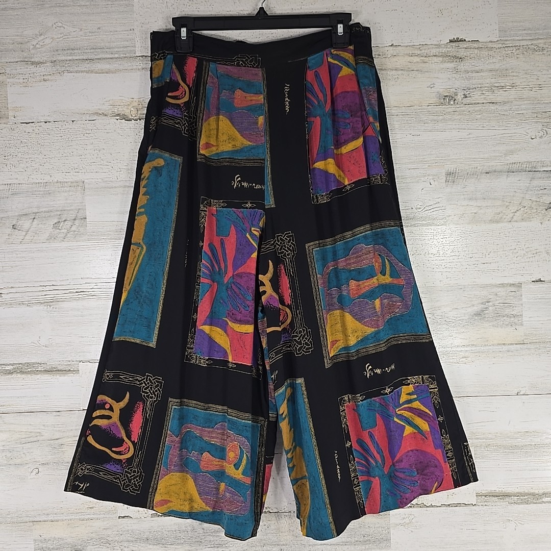 Très Paquette Byer California Wide-Leg Pants LARGE Bold Abstract Art Print Rayon