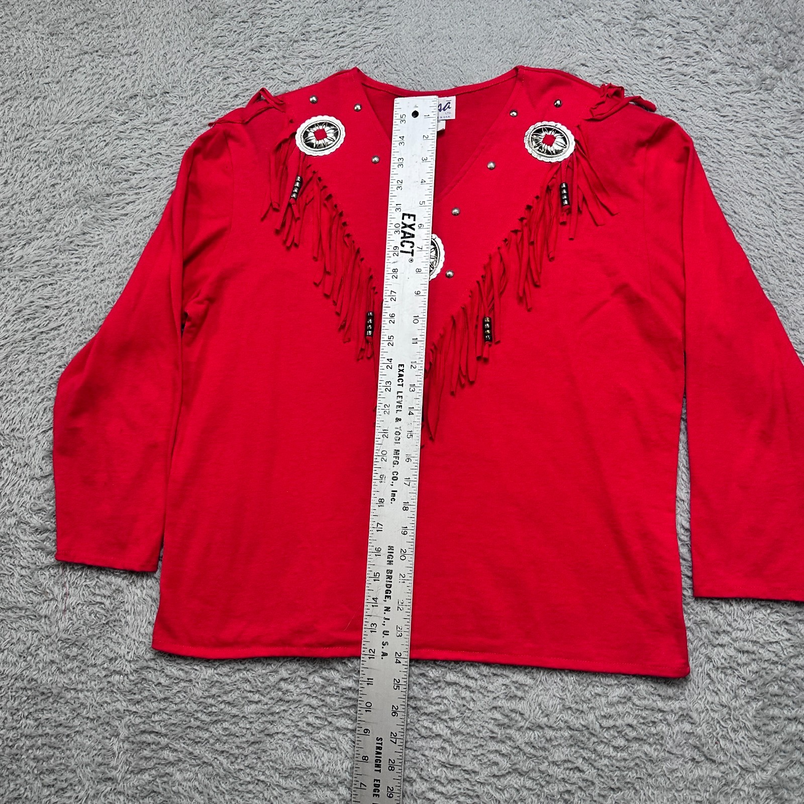 Vintage 90s Western Fringe Shirt Large Red Beads Tassel Cowgirl Rodeo USA Made
