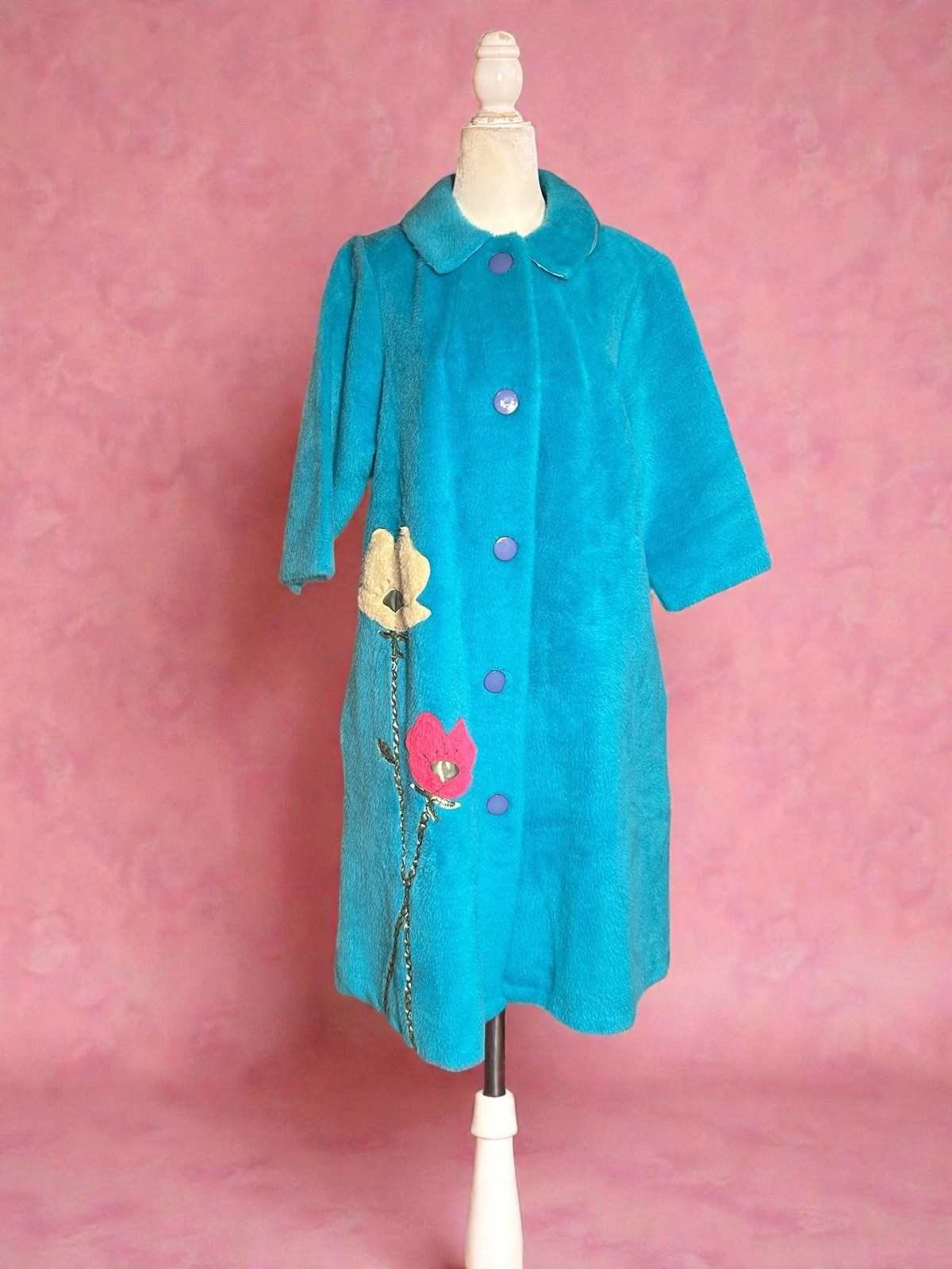 Vtg 1960s Mod Turquoise 100% Cotton Plush Swing Coat Floral Appliqué Jacket L 14
