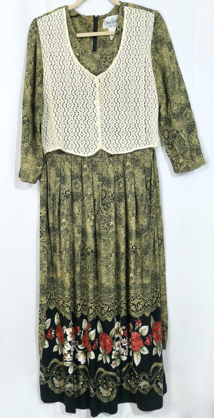 Vintage 80s 90s Olivia Rose Prairie Dress Crochet Vest Boho Filigree Sheath M