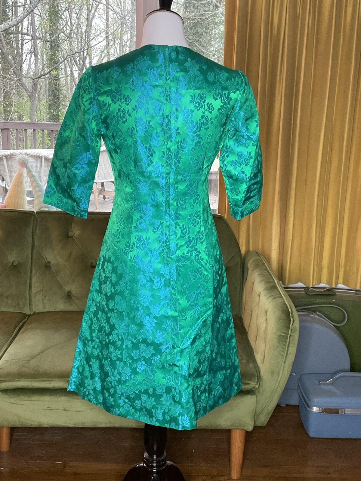 Womens Vintage 1960s Homesewn Blue Green Brocade Satin Gown Rose Floral Design