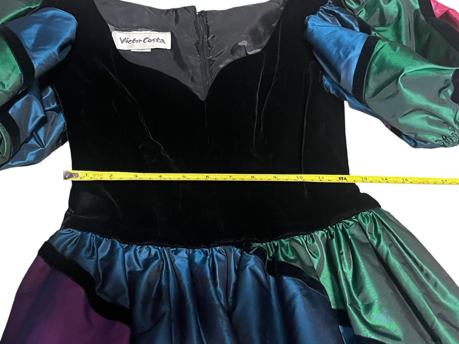 Vtg Nieman’s Victor Costa iridescent Taffeta Black Velvet Petticoat Dress Sz 10
